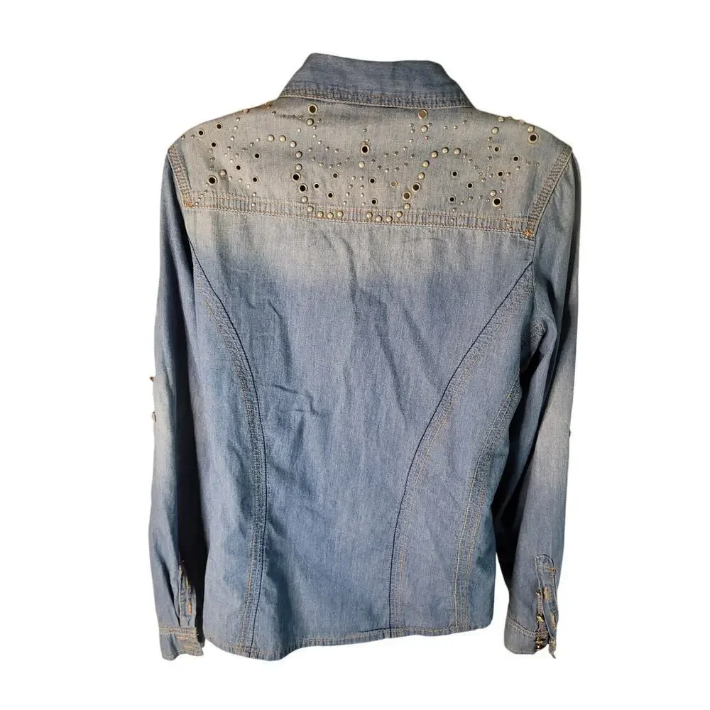 Jeans By Buffalo Denim Shirt Long or 3/4 Sleeve Studded Design New Sz M
